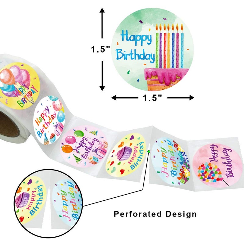 Fancy Land Watercolor Happy Birthday Stickers Perforated 500 Pcs Per Roll for Kids Party Decoration 1.5 Inches Round - Image 2